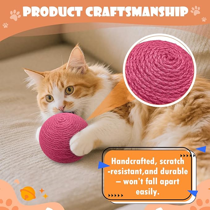3.94 inch Sisal Cat Ball Toy, Interactive Natural Cat Scratching Ball, Perfect Scratcher for Cats' Exercise and Fun (Rose Red)