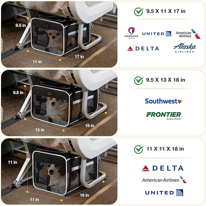 Lekereise Top-Expandable Pet Carrier 17x11x9.5 Inch Alaska Hawaiian Airline Approved Soft Sided Underseat to 12lbs Travel Carriers for Small Dogs and Cats with Locking Safety Zippers Anti-Scratch Mesh