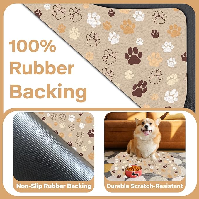 Pet Dog Cat Food Mat, Absorbent Bone Shaped Dog Bowl Mats for Food and Water, Non Slip Cute Dogs Cat Placemats Feeding Mat with Rubber for Floors Indoor Puppy Pet Accessories Supplies 16"x24" Khaki