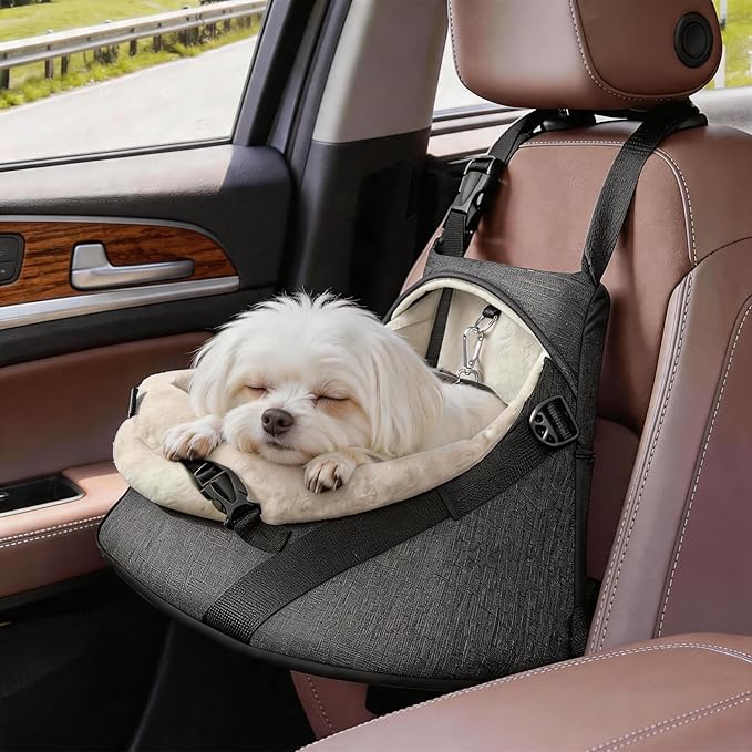 YUDODO Teacup Dog Car Seat – Designed for Tiny Dogs up to 7 lbs – Luxurious Vegan Leather Booster Seat for Chihuahua & Yorkie with Safety Belt & Soft Cushion, Gray