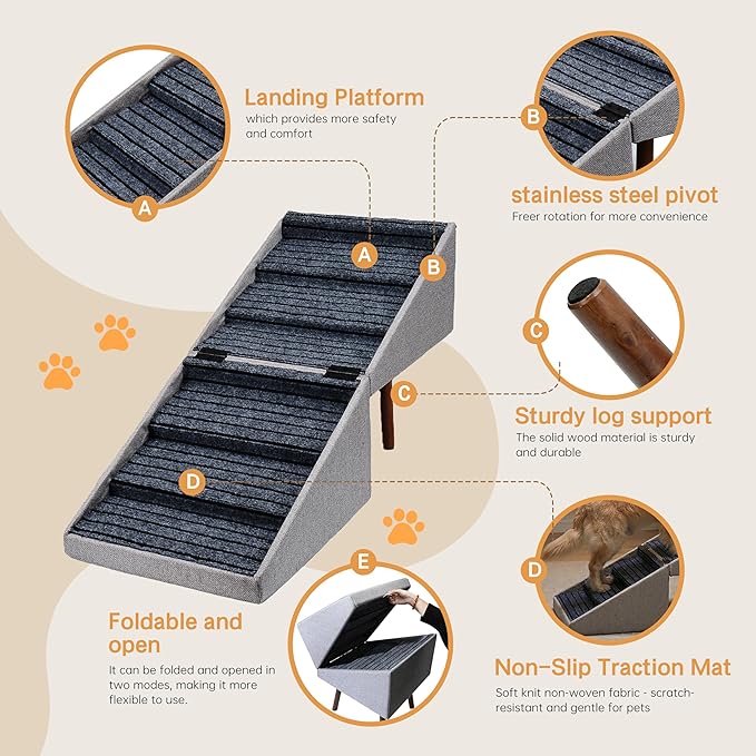 2-in-1 Dog Stairs for Bed and Couch, 21.6 Inch High,Foldable Ottoman with 6 Steps, Joint Relief for Small and Large Dogs (Gray H 21.6")