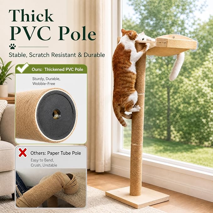 Cat Window Perch with Tall Scratching Posts, Inside 46" Climbing Tree Hammmock Mounted with Suction Cups for Sleeping,Playing and Watching Birds