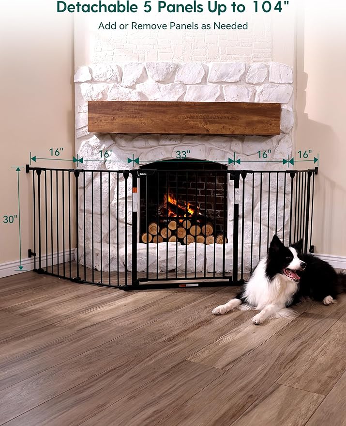 Babelio 104" Extra Wide Baby Gate, 30” Tall Auto Close Dog Fence for Stairs Doorways Fireplace, Hardware Mounted Pet Gate Indoor, Foldable 5 Metal Panels, AdaptiZone Series, Black