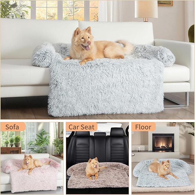 KHONSU PET Large Calming Dog Bed for Couch – Sofa Protector Mat with Bolster, Removable Washable Non-Slip Cover, Fits Large Dogs up to 45 lbs, Grey 41"x37"