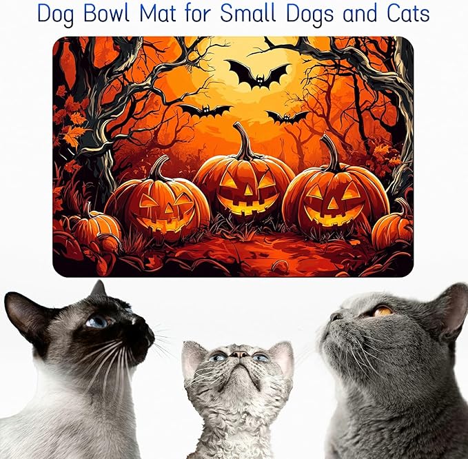 Dog Food Mat, 15.7" x 23.6" Absorbent Pet Feeding Mat for Food and Water, Waterproof Diatom Mud Pet Placemat with Non-Slip Rubber Backing, Easy Clean Cat Bowl Mat for Floors - Pumpkin Forest