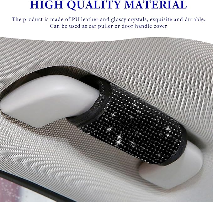 Wevdn 2 PCS Car Grab Handle Cover, Bling Rhinestone Handcraft Auto Door Handle Protector, Soft PU Leather Seat Belt Covers for Women Girls, Interior Accessories for Most Cars (Black)