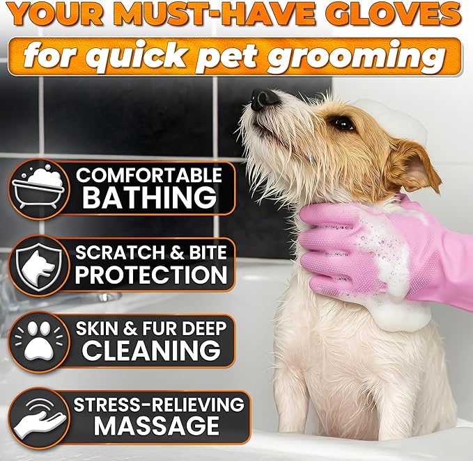 Dog Hair Removal Products – Cat and Dog Shampoo Gloves with 3000 Soft Bristles, 2-in-1 Dog Bath Gloves 11.6", Silicone, Saves Shampoo | Massage, Grooming & Clean Wet or Dry, Every Breed & Coat (Pink)