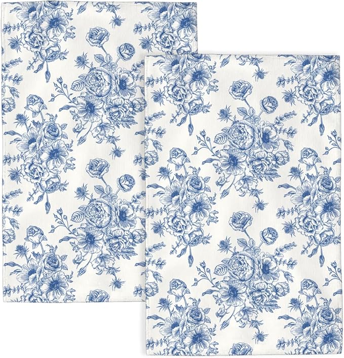 Chioniserie Blue Floral Kitchen Towels Vintage Spring Dish Towel 16×24 Inch Soft Absorbent Summer Flowers Hand Cloths Decorative for Kitchen Drying Set of 2