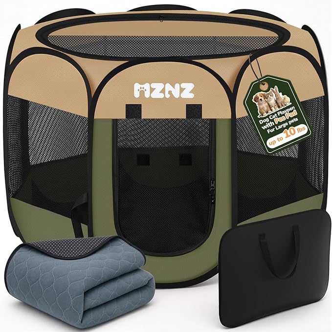 Dog Cat Playpen with Pee Pad, Portable Puppy Pet Crate Indoor for Small Dogs Cats Rabbits, Foldable Dog Cage Enclosure for Outdoor, Pop Up Dogs Tent Kennel with Carrying Case, Olive Green