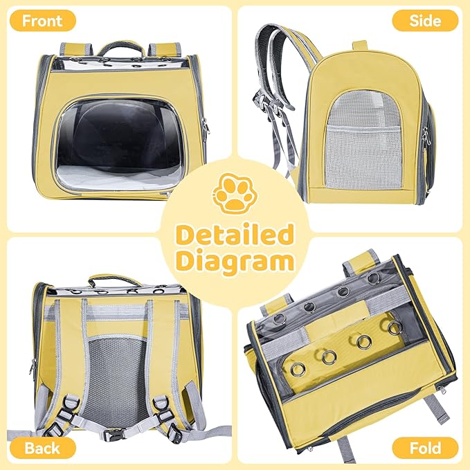 Cat Soft-Sided Carrier Backpack, Breathable Mesh Foldable Pet Travel Carrier with Reinforced Support, Portable Puppy Carrying for Kitty Up to 15lbs (Yellow)