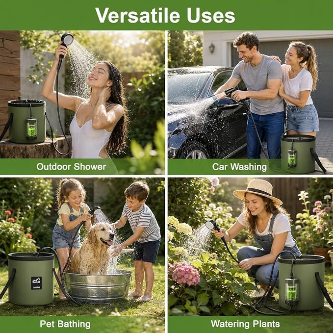 Portable Shower for Camping, 6000mAh Rechargeable Camping Shower with Intelligent LED Display, Foldable Bucket, 4 Spray Modes, IPX7 Waterproof Outdoor Camp Pump for Hiking, Travel, Car, Pet
