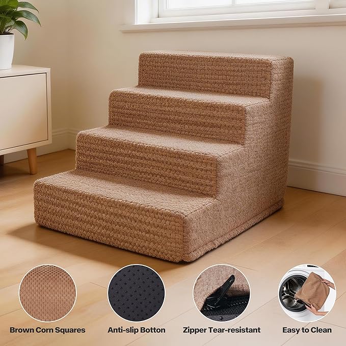 Pawise 4 Step Dog Stairs for Small Dogs Cats, Brown Mesh Pet Steps, Non-Slip Pet Stairs for High Bed Couch, Indoor Portable Dog Ramp with Zipper Bottom for Medium Large Dogs and Puppy