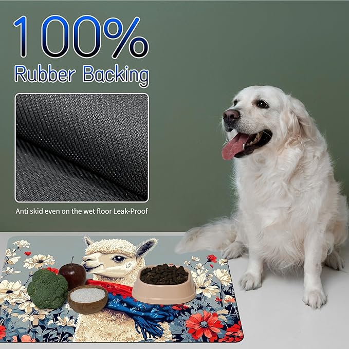 Dog Food Mat, 19.6" x 23.6" Absorbent Pet Feeding Mat for Food and Water, Waterproof Diatom Mud Pet Placemat with Non-Slip Rubber Backing, Easy Clean Cat Bowl Mat for Floors - Flower Camel