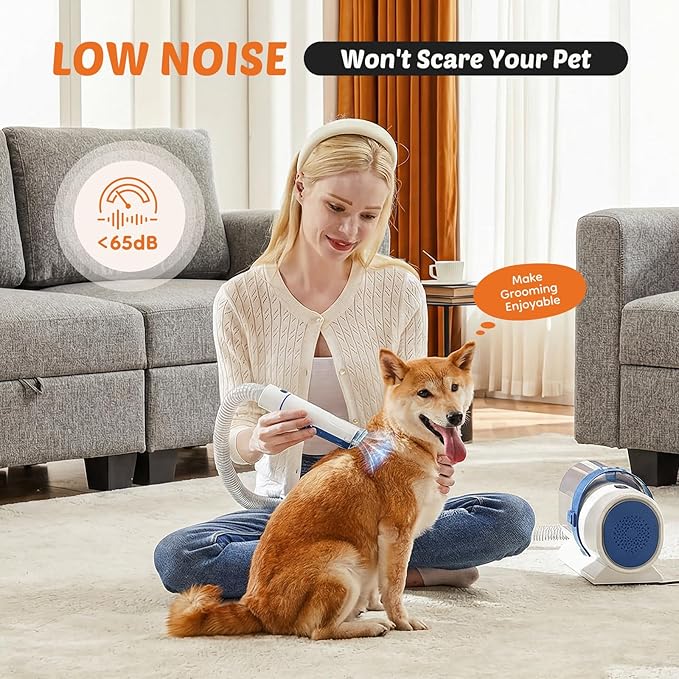 DUMOS Pet Grooming Vacuum Kit, 3 Adjustable Suction Modes Dog Clipper, 5 Professional Grooming Tools with Cordless Low Noise Cat Hair Clippers, 2.5L, Blue & White