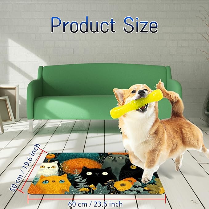 Dog Food Mat, 19.6" x 23.6" Absorbent Pet Feeding Mat for Food and Water, Waterproof Diatom Mud Pet Placemat with Non-Slip Rubber Backing, Easy Clean Cat Bowl Mat for Floors - Black Yellow Cat