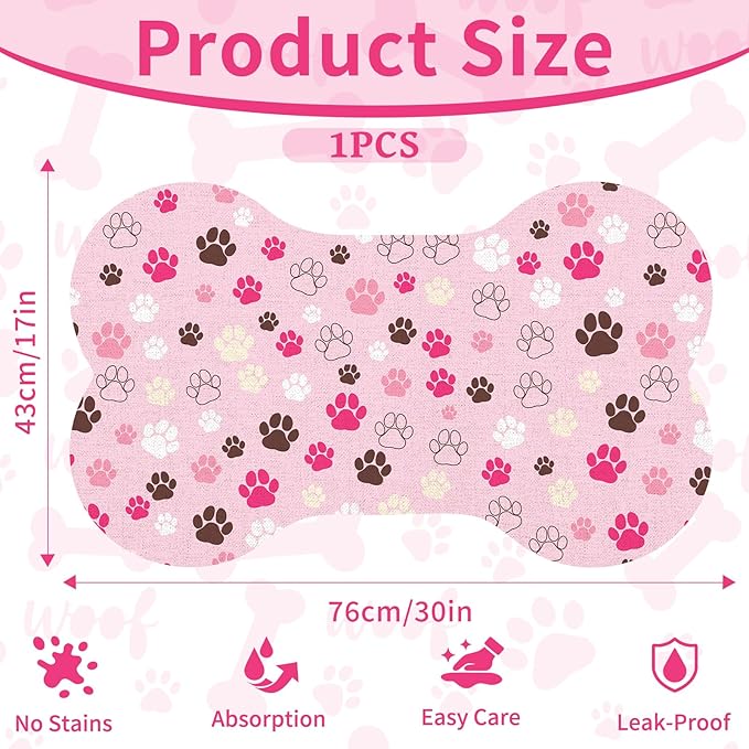 Pet Dog Cat Food Mat, Absorbent Bone Shaped Dog Bowl Mats for Food and Water, Non Slip Cute Dogs Cat Placemats Feeding Mat with Rubber for Floors Indoor Puppy Pet Accessories Supplies 17"x30" Pink