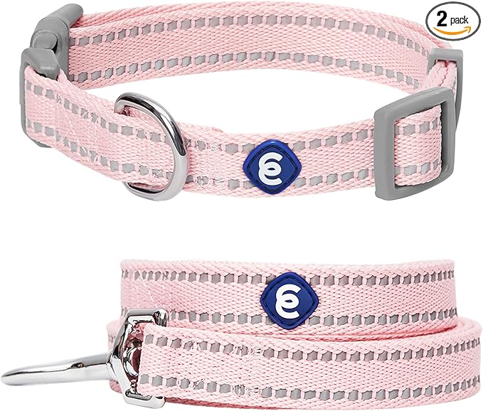 Blueberry Pet Essentials Matching Dog Collar & Leash Set | Pastel Reflective Adjustable Collar with 4 ft Lead for Large Dogs, Baby Pink