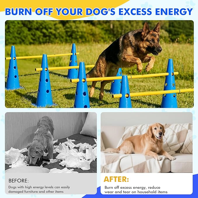 Wdmiya Dog Agility Course Backyard Set with Height Adjustable Crossbar, Dog Agility Training Hurdle Cone Set, 18.9" Dog Agility Equipment for Rehabilitation, Obedience, Starter - 6 Poles & 12 Cones