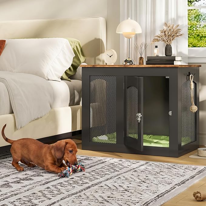 CHOEZON Wooden 30.1" Dog Crate Furniture, Farmhouse Pet Cage End Table with Secure Lock, Ventilated Mesh for Medium Dogs, Dog Kennel Furniture for Living Room, Bedroom, Black and Walnut MGW02BL