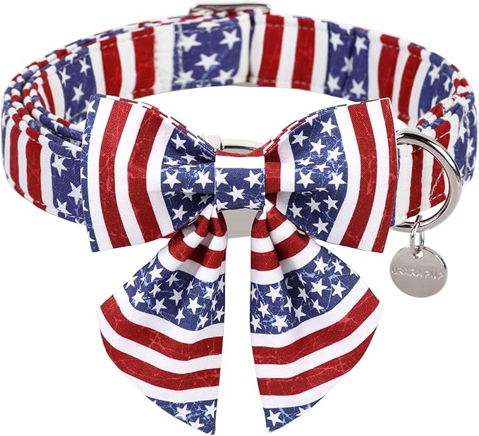 Patriotic Dog Collar with Bow Tie, 4th of July Bowtie Dog Collar, American Flag Collar for Medium Boy Girl Dog, Comfortable Summer Bowtie Collar with Metal Buckle, M