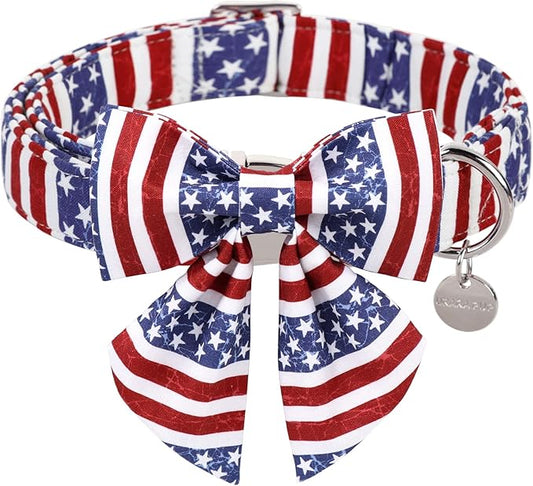 Patriotic Dog Collar with Bow Tie, 4th of July Bowtie Dog Collar, American Flag Collar for Small Boy Girl Dog, Comfortable Summer Bowtie Collar with Metal Buckle, S