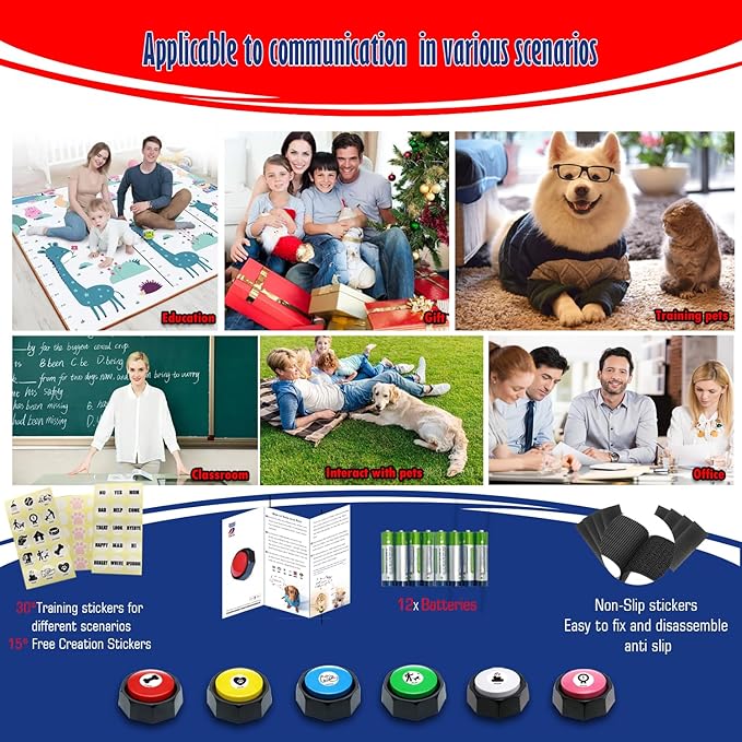 Dog Buttons for Communication 6 Color Training Buttons t, 30s Recordable Pet Training Buttons, Set with 45 Stickers & Magic Tape (Cats/Dogs/Office Games)