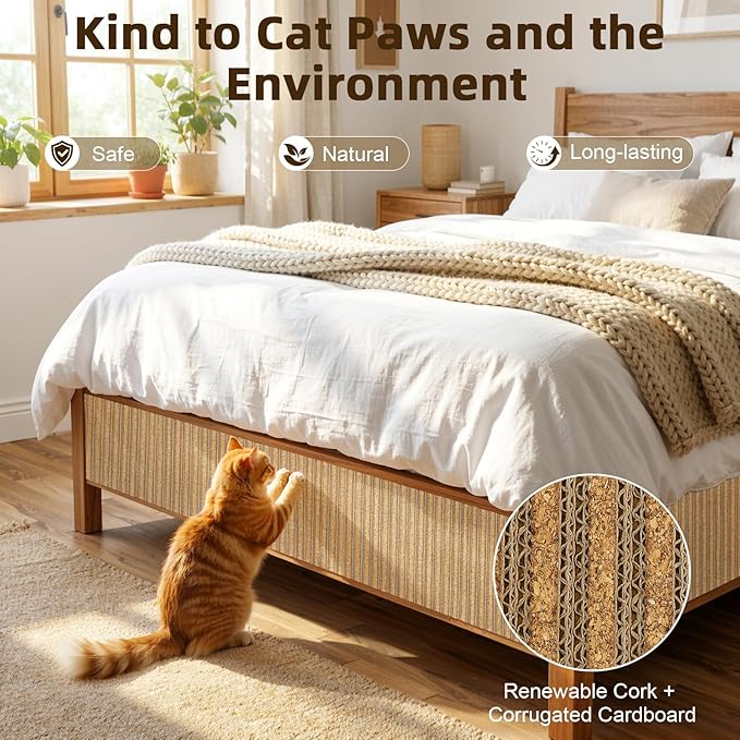 Cat Scratch Mat, 39.4 * 11.8IN Cork Cat Scratch Pad, Adhesive Scratching Couch Furniture Protector, DIY Scratching Pad, Corrugated Paper Scratcher from Claws for Indoor, Brown