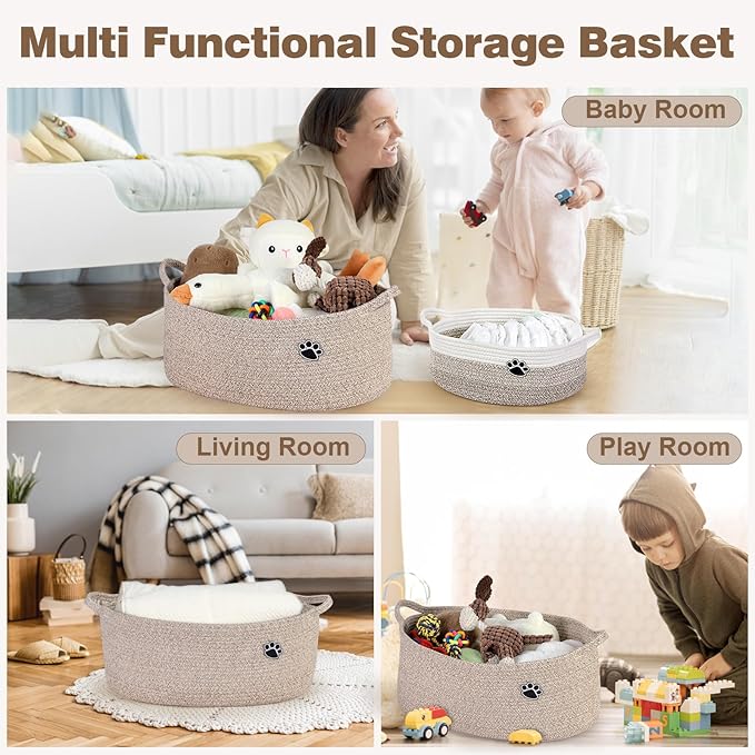 Optish Dog Toy Basket, Toy Storage Box and Bin with Handles, 19.7" X 11" X 7.9" (30L) Large Woven Rope Basket for Blankets, Living Room, Bedroom, Brown