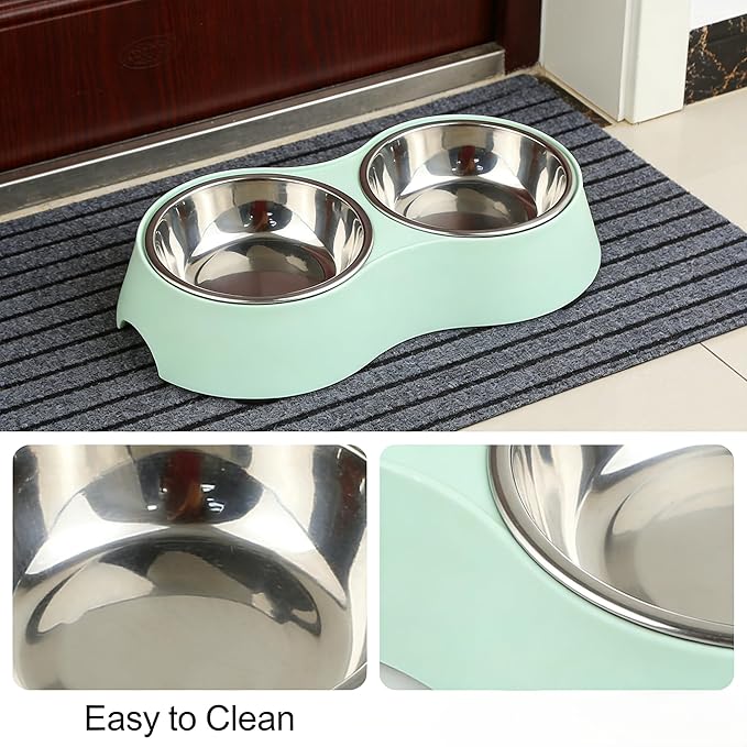 Double Pet Bowl Set for Small Dogs & Cats, Green Non-Slip Stainless Steel Food Water Bowls, BPA-Free Mess-Free Feeding Station for Kittens, Puppies and Tiny Pets