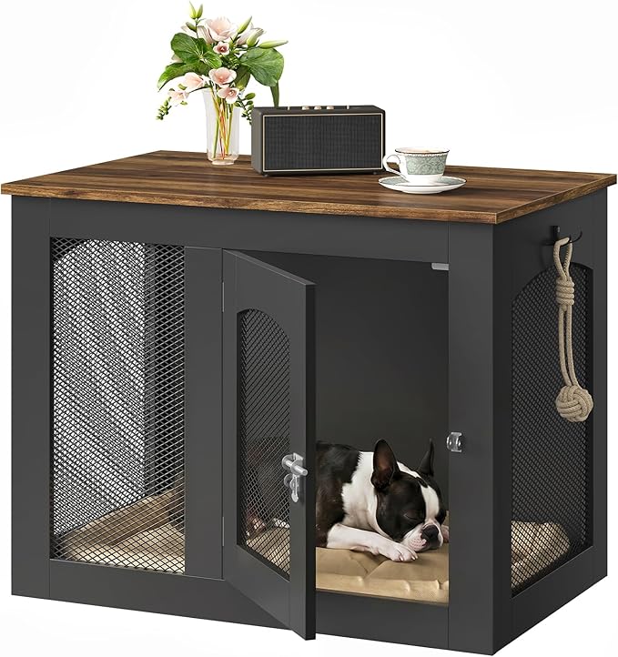 CHOEZON Wooden 30.1" Dog Crate Furniture, Farmhouse Pet Cage End Table with Secure Lock, Ventilated Mesh for Medium Dogs, Dog Kennel Furniture for Living Room, Bedroom, Black and Walnut MGW02BL