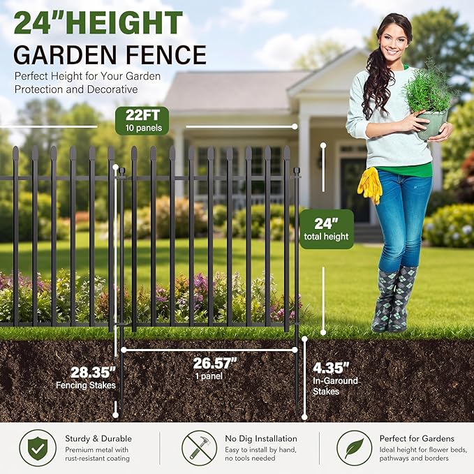 10 Panels No Dig Decorative Garden Fence with Gate, 24in(H) × 22ft(L) Heavy-Duty Rustproof Metal Panels, Outdoor Dog Barrier for Yard & Patio, Landscape, Border| Portable Temporary Fencing