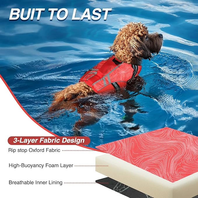 VIVAGLORY Sports Style Dog Life Vest, Dog Life Jacket for Swimming & Boating, Ripstop & Buoyancy for Puppy Doggy, Lifejacket with Handle, XS, Red