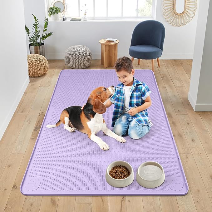 Dog Food Mat, Extra Large 50" x 35" Silicone Pet Feeding Mat with Raised Edge Pet Placemat for Small, Medium, and Large Pets Non-Slip, Easy to Clean (Purple)