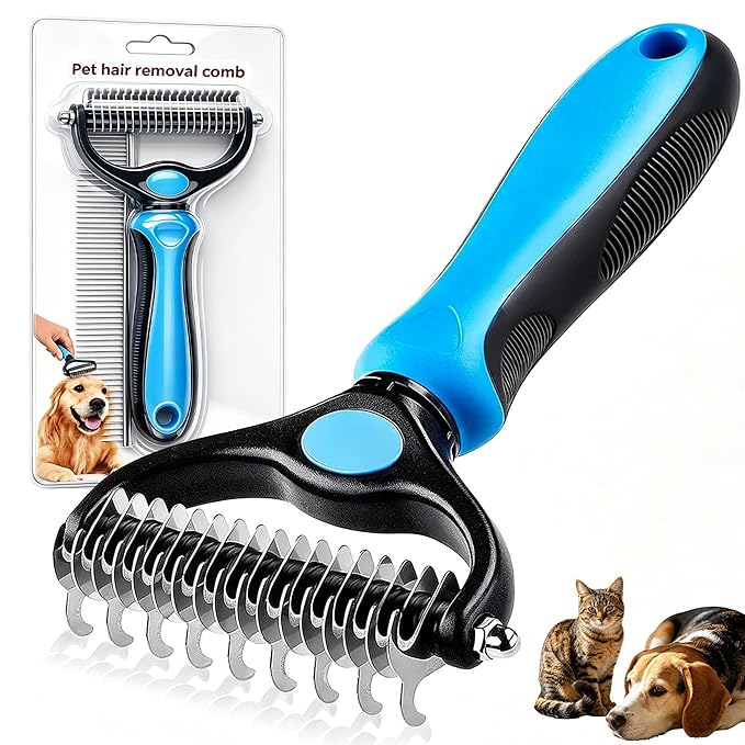 Pet Grooming Tool for Dogs & Cats, Includes Dual-Sided Dematting Comb & Stainless Steel Comb, Deshedding Brush for Long Hair, Thick & Double Coats, Pet Shedding & Loose Hair Removal Tool (Blue)