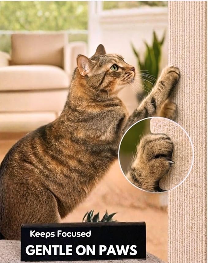 Corner & Wall Cat Scratch Mat, Self-Adhesive Trimmable Cat Scratcher, Wall Mounted Scratching Pad for Indoor Cats, Sofa Furniture Protector, Cat Post Cover Replacement (Beige, 23.6''x11.8'', 3-Pack)