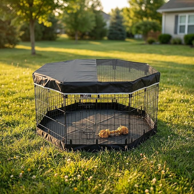 PJYuCien Octagonal Dog Playpen with Top Cover and Bottom Pad - Metal Foldable Exercise Pen, 8 Panels 30" H x 24" W Indoor Outdoor Pet Fence Puppy Crate Kennel, Black