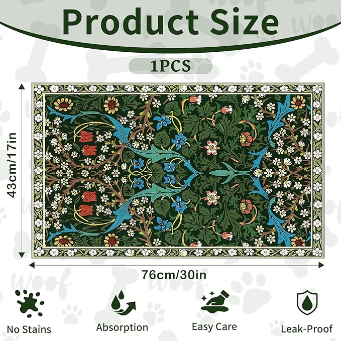 Pet Dog Cat Food Mat, Absorbent Dog Bowl Mat for Food and Water, Quick Dry Placemats Feeding Mats with Non Slip Rubber for Floors Indoor Puppy Pet Accessories Supplies 17 * 30 inch, Dark Flowers