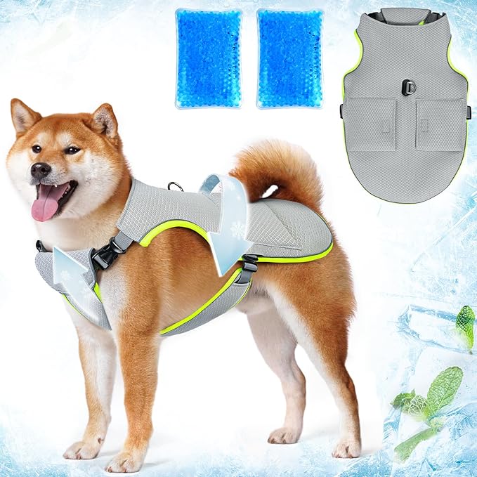 Mora Pets Dog Cooling Vest with Ice Packs, Reflective Adjustable Cooling Vest for Dogs with Leash Ring for Hot Weather Cooling Harness for Large Medium Dogs Grey(PDV-Gel-GL)