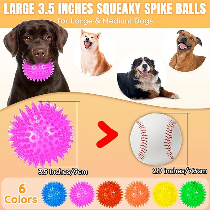 LECHONG 6-Pack 3.5” Squeaky Dog Balls, Durable Soft Spiky Chew Rubber Fetch Toy Balls for Large Medium Aggressive Chewers Teeth Cleaning Chewing Playing Training & Boredom Buster Indoors Outdoors
