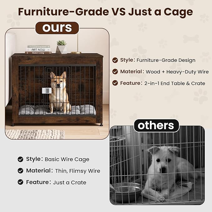 Wooden Dog Crate Furniture, 32in Dog Cage Furniture with Slide Safety Latch, Indoor Decorative End Table for High Anxiety Dogs, Furniture Style Dog Crate for Medium Dogs, Aged Black