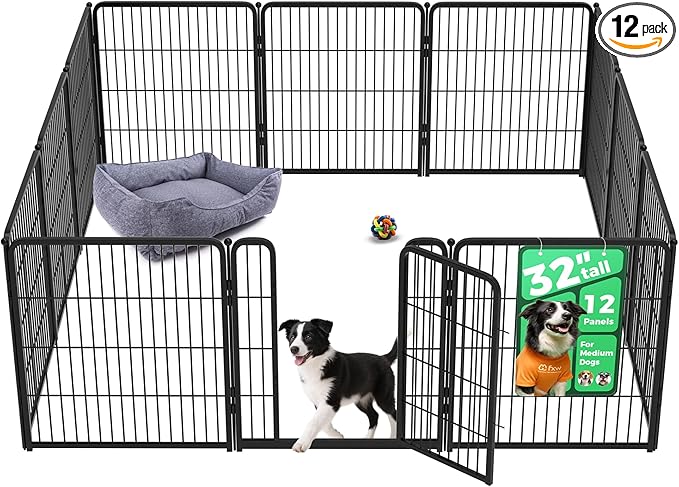 FXW Homeplus Unleashed Indoor Dog Playpen - Stress-Free and Safe Play, Heavy Duty 32 Inch 12 Panels Dog Pen for Small and Medium Dogs, Black│Patented