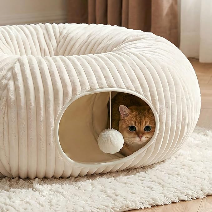 31 Pcs Interactive Cat Toys for Indoor Cats, Cat Tunnel with Moving Ball, Cat Toy Launcher, Catnip Toys, Chew Rope, Feather Wand, Springs and Balls for Indoor Kittens, White