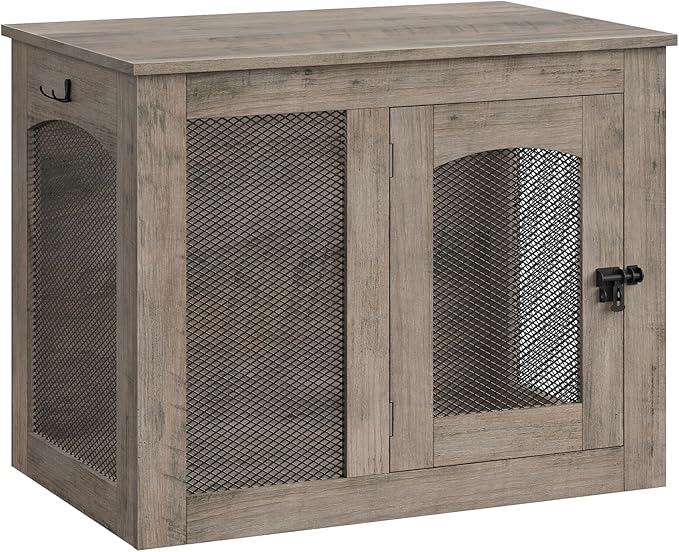 CHOEZON Wooden 30.1" Dog Crate Furniture, Farmhouse Pet Cage End Table with Secure Lock, Ventilated Mesh for Medium Dogs, Dog Kennel Furniture for Living Room, Bedroom, Greige MGW02FH