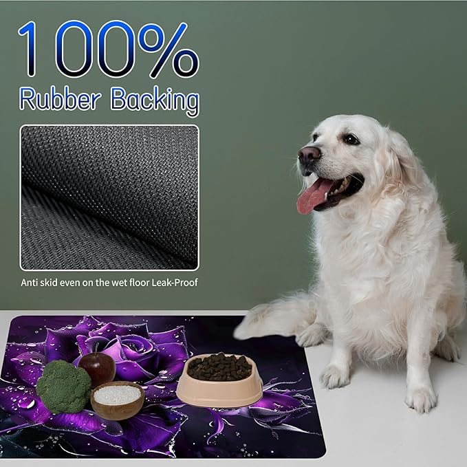 Dog Food Mat, 15.7" x 23.6" Absorbent Pet Feeding Mat for Food and Water, Waterproof Diatom Mud Pet Placemat with Non-Slip Rubber Backing, Easy Clean Cat Bowl Mat for Floors - Purple Rose