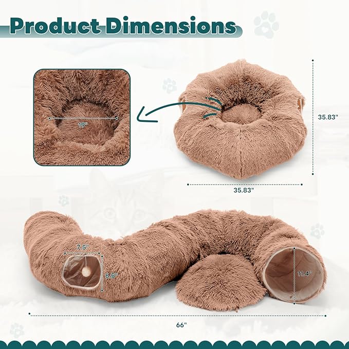 DUMOS Cat Tunnel Bed for Indoor Cats Cave Donut Play Tunnel with Soft Plush Peekaboo, Circle Cushion, Washable Multifunctional Playground Under Tree Pet Toys for Kittens, Puppy Rabbit, Ferret, Brown