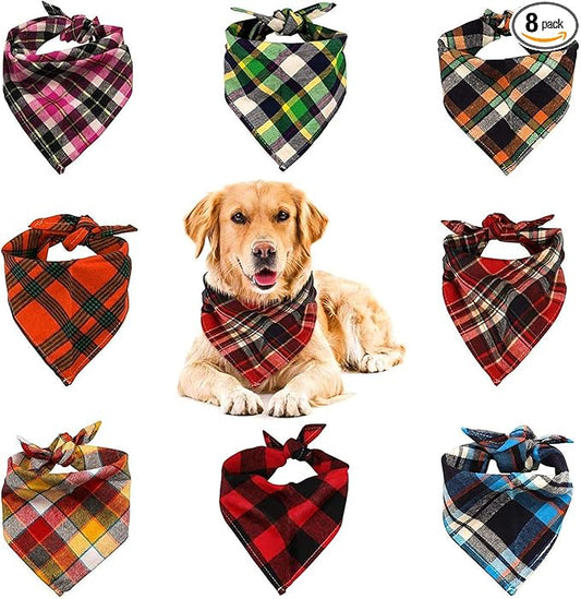 8 Pack Triangle Dog Bandanas, Reversible Plaid Painting Bibs Scarf, Washable Christmas Dog Bandanas Boy Girl Apparel & Accessories Kerchief Set