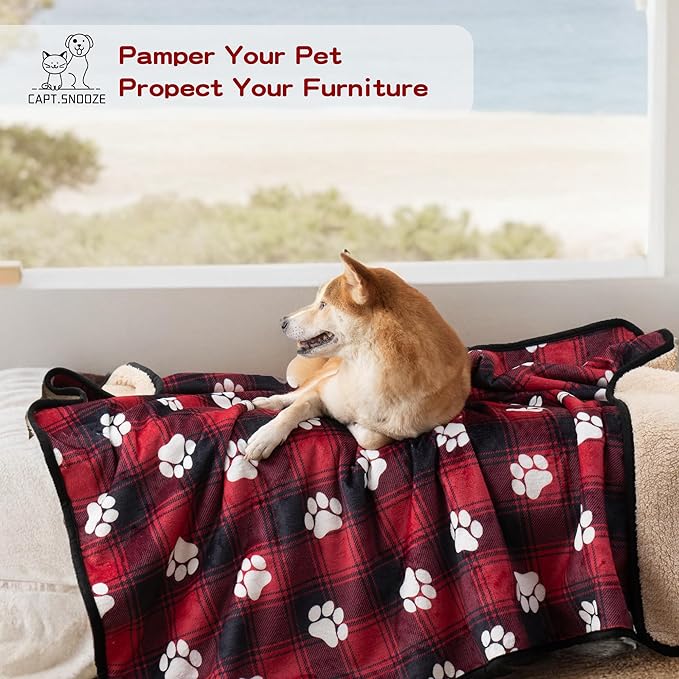 Waterproof Dog Blankets, 30"x40" Cat Blanket for Indoor Cats, Soft Fluffy Sofa Car Bed Protector, Reversible Sherpa Fleece Puppy Blanket for Small Medium Dogs Christmas Decor(Paw Red)