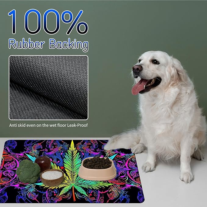 Dog Food Mat, 15.7" x 23.6" Absorbent Pet Feeding Mat for Food and Water, Waterproof Diatom Mud Pet Placemat with Non-Slip Rubber Backing, Easy Clean Cat Bowl Mat for Floors - Green Leaves