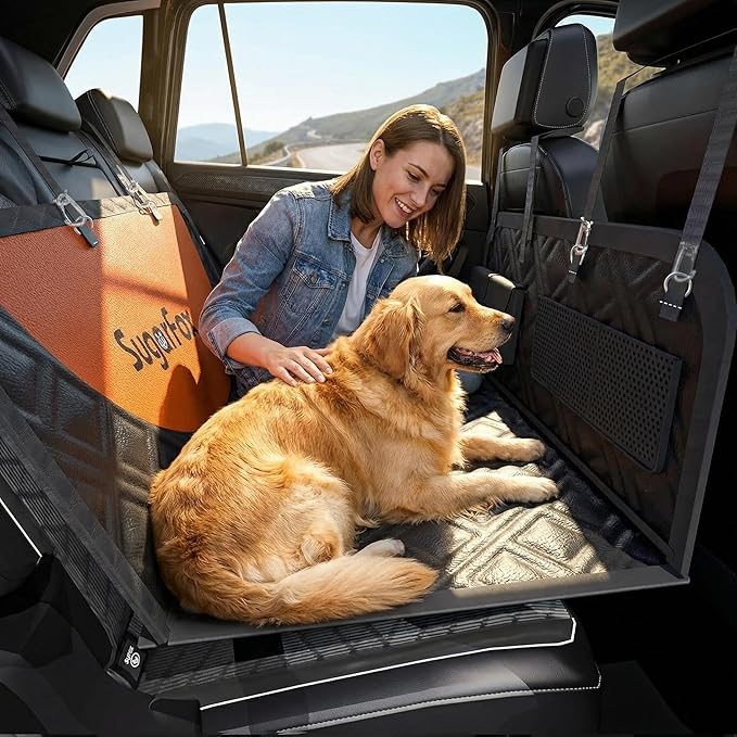 SugarFox Dog Car Seat Cover for Back Seat - Upgraded PU Leather Dog Hammock, 400lbs Hard Bottom Backseat Pet Cover, Waterproof Anti-Scratch + Pet Safety Belt (BLACK-60“x20”)