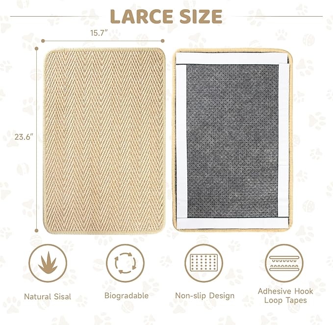 Graciadeco Cat Scratcher Mat 23.6" x 15.7" Sisal Rope 2 Packs Cat Scratch Furniture Protector with Velcro & Catnip